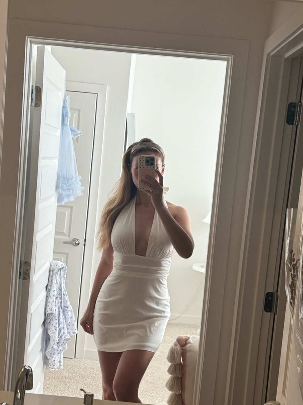 White Deep V-Neck Halter Dress